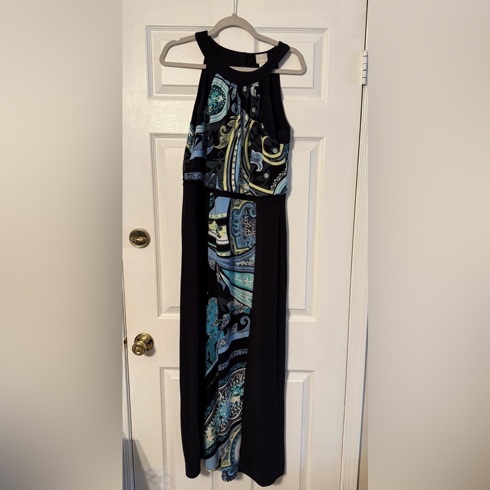 Chico's Black Maxi Dress with Teal and Yellow Paisley Panels